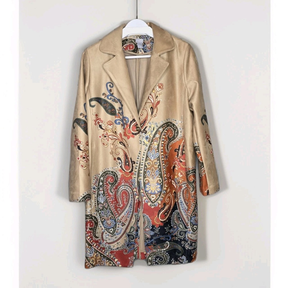 Chicos Paisley Long Swing Coat Boho Artsy Duster Jacket Travel Open Front Size 2